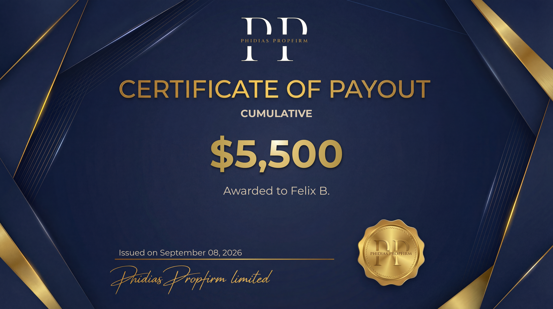 Certificat de payout cumulé de 5 500 $ obtenu par Félix B.