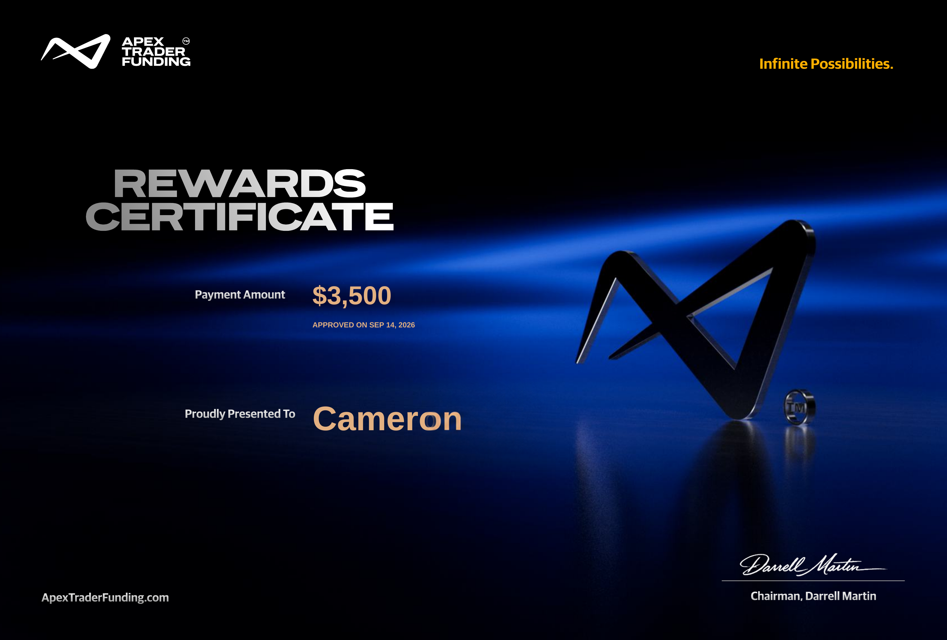 Certificat de payout de 3 500 $ obtenu par Cameron