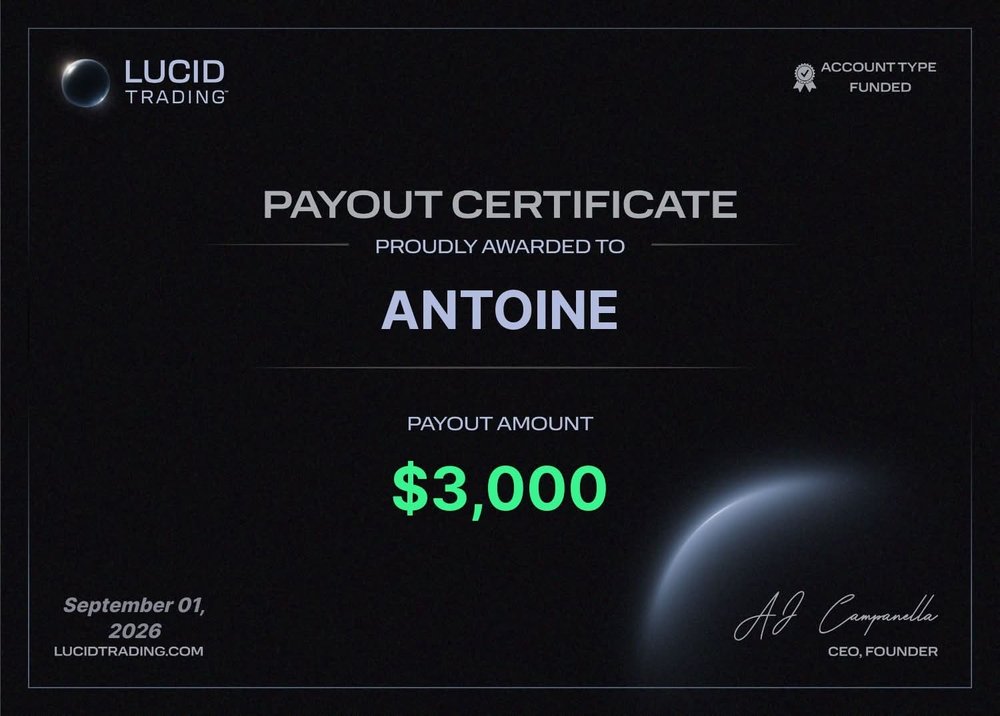 Certificat de payout de 3 000 $ obtenu par Antoine