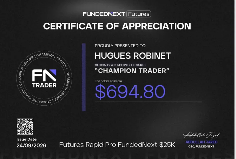 Payout FundedNext Futures de 694,80 $ obtenu par Hugues Robinet